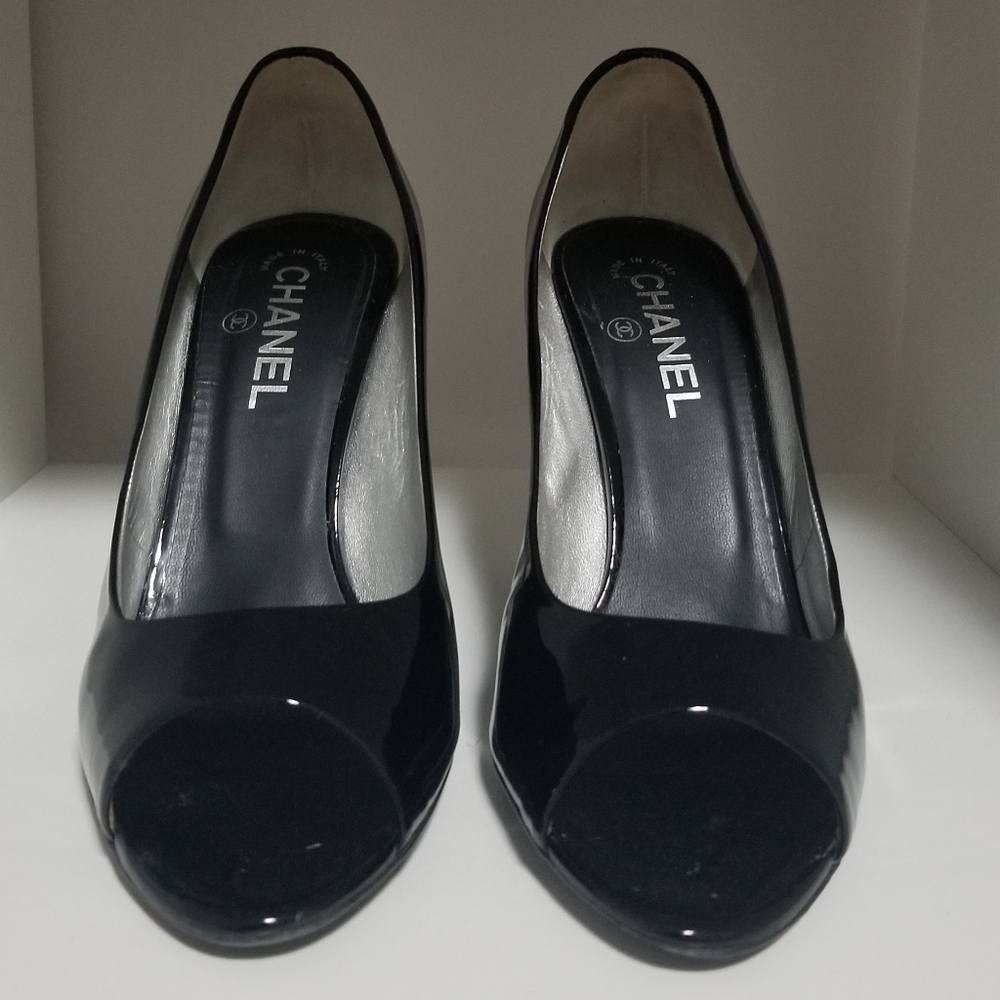CHANEL Black Patent Leather Peep Toe Heels Size 39.5